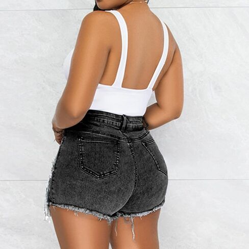 CYLADY Women High Waisted Denim Shorts Ripped Jeans Frayed Raw Hem Tassels Jean Shorts in Kuwait