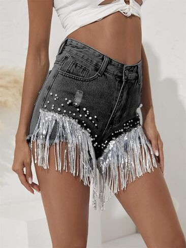 CYLADY Women High Waisted Denim Shorts Ripped Jeans Frayed Raw Hem Tassels Jean Shorts in Kuwait