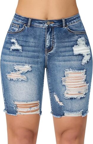 roswear Women Ripped Bermuda Denim Shorts Stretchy High Waisted Jean Shorts Knee Length in Saudi Arabia