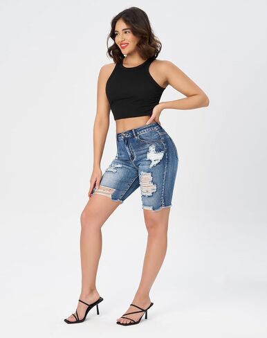 roswear Women Ripped Bermuda Denim Shorts Stretchy High Waisted Jean Shorts Knee Length in Saudi Arabia
