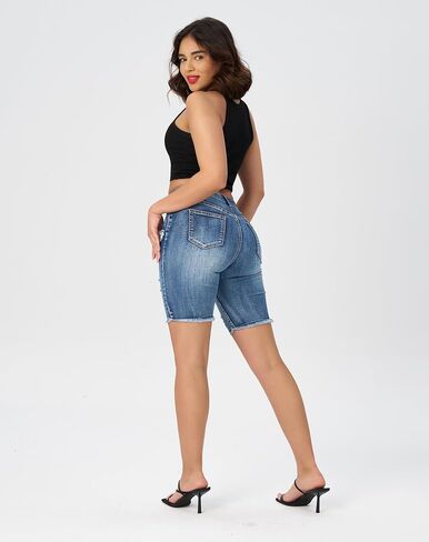roswear Women Ripped Bermuda Denim Shorts Stretchy High Waisted Jean Shorts Knee Length in Saudi Arabia