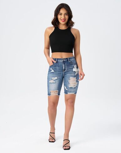 roswear Women Ripped Bermuda Denim Shorts Stretchy High Waisted Jean Shorts Knee Length in Saudi Arabia