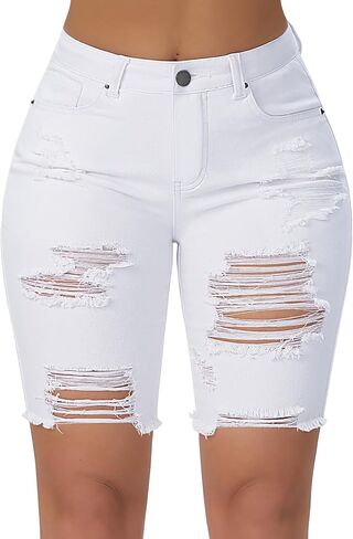 roswear Women Ripped Bermuda Denim Shorts Stretchy High Waisted Jean Shorts Knee Length in Saudi Arabia