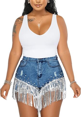 CYLADY Women High Waisted Denim Shorts Ripped Jeans Frayed Raw Hem Tassels Jean Shorts in Kuwait