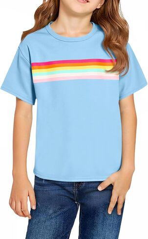 Haloumoning Girls Short Sleeve T Shirts Kids Summer Rainbow Striped Tops Crewneck Tees 5-14 Years in Saudi Arabia