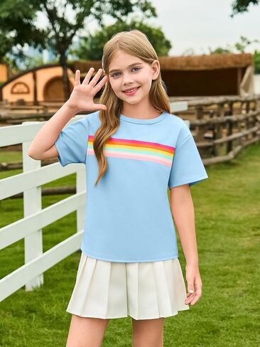 Haloumoning Girls Short Sleeve T Shirts Kids Summer Rainbow Striped Tops Crewneck Tees 5-14 Years in Saudi Arabia
