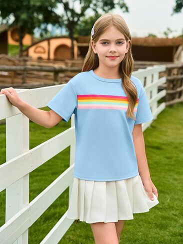 Haloumoning Girls Short Sleeve T Shirts Kids Summer Rainbow Striped Tops Crewneck Tees 5-14 Years in Saudi Arabia