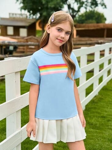Haloumoning Girls Short Sleeve T Shirts Kids Summer Rainbow Striped Tops Crewneck Tees 5-14 Years in Saudi Arabia