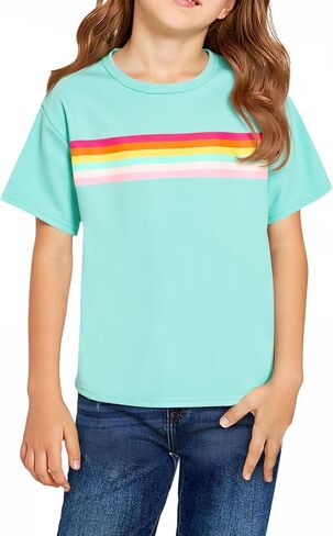 Haloumoning Girls Short Sleeve T Shirts Kids Summer Rainbow Striped Tops Crewneck Tees 5-14 Years in Saudi Arabia