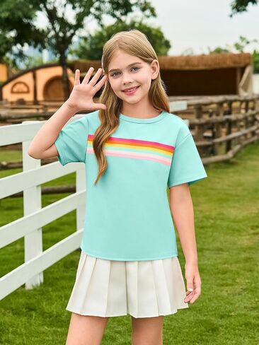 Haloumoning Girls Short Sleeve T Shirts Kids Summer Rainbow Striped Tops Crewneck Tees 5-14 Years in Saudi Arabia