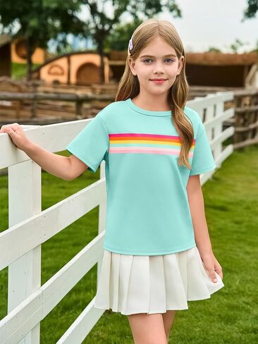 Haloumoning Girls Short Sleeve T Shirts Kids Summer Rainbow Striped Tops Crewneck Tees 5-14 Years in Saudi Arabia