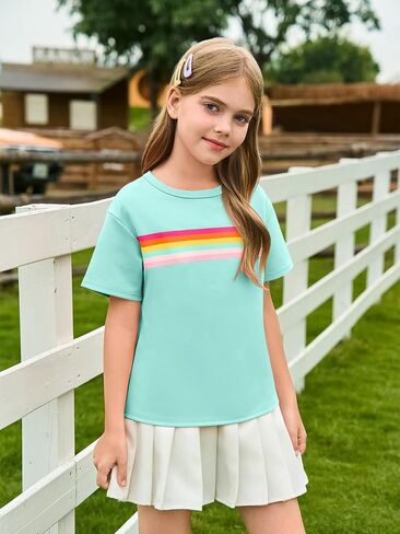 Haloumoning Girls Short Sleeve T Shirts Kids Summer Rainbow Striped Tops Crewneck Tees 5-14 Years in Saudi Arabia