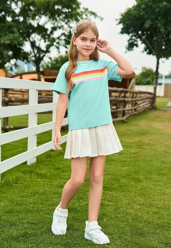 Haloumoning Girls Short Sleeve T Shirts Kids Summer Rainbow Striped Tops Crewneck Tees 5-14 Years in Saudi Arabia