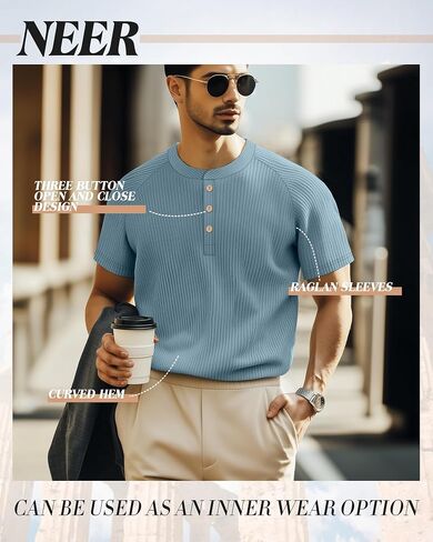 Neer 3 Pack Men's Ribbed Henley Shirts Short Sleeve Raglan Casual T-Shirts Classic Summer Button Placket Muscle Tees in Kuwait