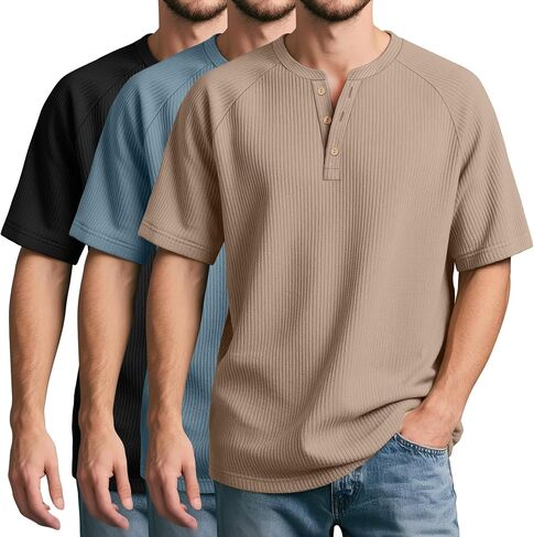 Neer 3 Pack Men's Ribbed Henley Shirts Short Sleeve Raglan Casual T-Shirts Classic Summer Button Placket Muscle Tees in Kuwait
