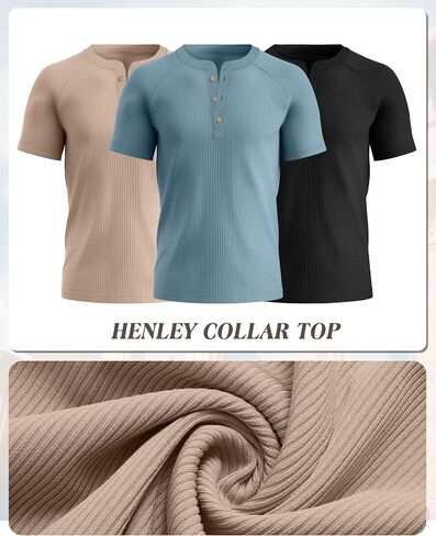 Neer 3 Pack Men's Ribbed Henley Shirts Short Sleeve Raglan Casual T-Shirts Classic Summer Button Placket Muscle Tees in Kuwait