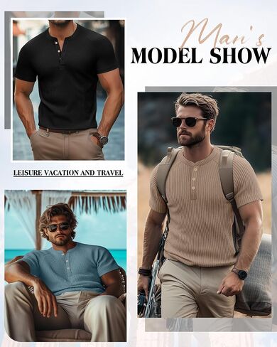 Neer 3 Pack Men's Ribbed Henley Shirts Short Sleeve Raglan Casual T-Shirts Classic Summer Button Placket Muscle Tees in Kuwait