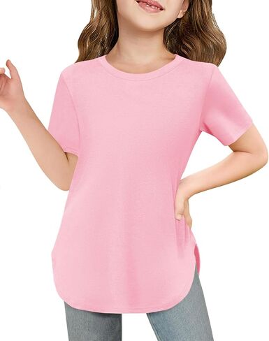 Haloumoning Girls Summer Short Sleeve Shirt Kids Crewneck Curve Hem Soft Tunic Tops T-Shirts 5-14 Years in Saudi Arabia
