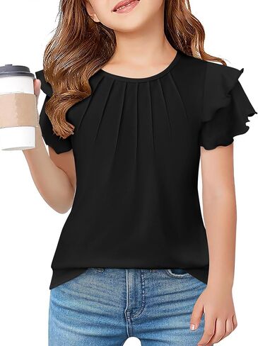 Arshiner Girls T Shirts Ruffle Short Sleeve Summer Pleated Crewneck Casual Tops Tees Blouses in Saudi Arabia