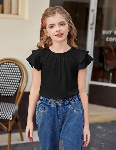 Arshiner Girls T Shirts Ruffle Short Sleeve Summer Pleated Crewneck Casual Tops Tees Blouses in Saudi Arabia