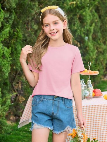 Haloumoning Girls Summer Short Sleeve Shirt Kids Crewneck Curve Hem Soft Tunic Tops T-Shirts 5-14 Years in Saudi Arabia