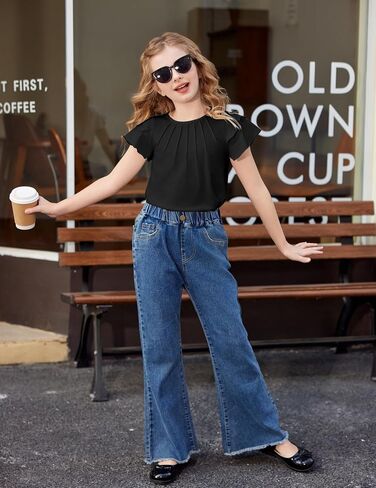 Arshiner Girls T Shirts Ruffle Short Sleeve Summer Pleated Crewneck Casual Tops Tees Blouses in Saudi Arabia