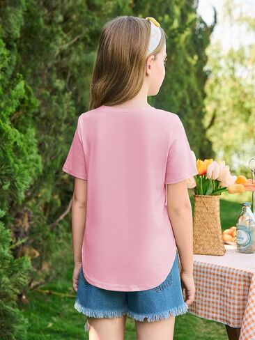 Haloumoning Girls Summer Short Sleeve Shirt Kids Crewneck Curve Hem Soft Tunic Tops T-Shirts 5-14 Years in Saudi Arabia