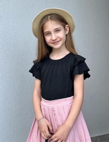 Arshiner Girls T Shirts Ruffle Short Sleeve Summer Pleated Crewneck Casual Tops Tees Blouses in Saudi Arabia
