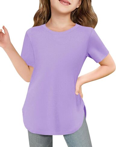 Haloumoning Girls Summer Short Sleeve Shirt Kids Crewneck Curve Hem Soft Tunic Tops T-Shirts 5-14 Years in Saudi Arabia