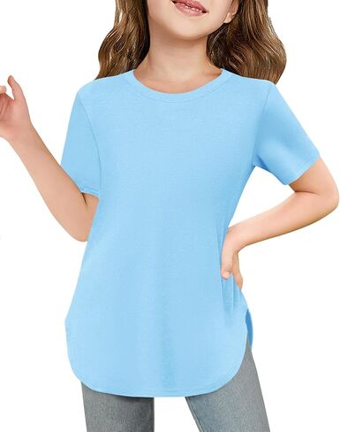 Haloumoning Girls Summer Short Sleeve Shirt Kids Crewneck Curve Hem Soft Tunic Tops T-Shirts 5-14 Years in Saudi Arabia