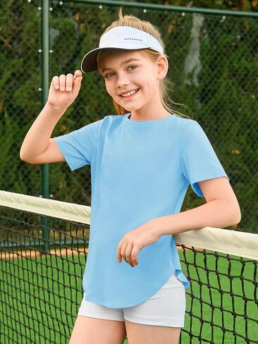 Haloumoning Girls Summer Short Sleeve Shirt Kids Crewneck Curve Hem Soft Tunic Tops T-Shirts 5-14 Years in Saudi Arabia