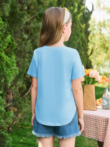 Haloumoning Girls Summer Short Sleeve Shirt Kids Crewneck Curve Hem Soft Tunic Tops T-Shirts 5-14 Years in Saudi Arabia