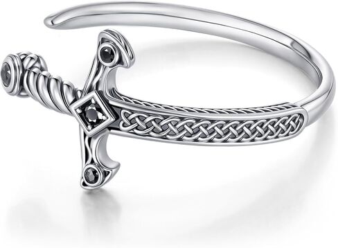 Stainless Steel Mens Cuff Bracelet, Cool Sword Silver/Black/Gold Viking Celtic Knot Cubic Zirconia Open Metal Cuff Bangle Bracelets Jewelry Gifts for Men, 62MM in Kuwait