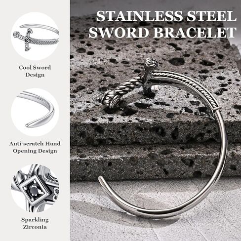 Stainless Steel Mens Cuff Bracelet, Cool Sword Silver/Black/Gold Viking Celtic Knot Cubic Zirconia Open Metal Cuff Bangle Bracelets Jewelry Gifts for Men, 62MM in Kuwait