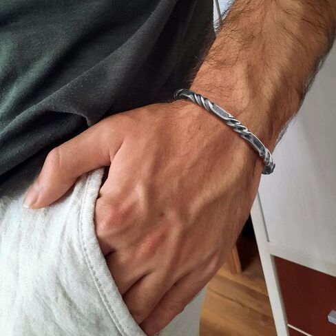 Stainless Steel Mens Cuff Bracelet, Minimal Twist Cool Antique Retro/Silver/Black Open Metal Cuff Bangle Bracelets for Men, 65mm in Kuwait