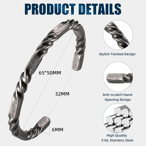 Stainless Steel Mens Cuff Bracelet, Minimal Twist Cool Antique Retro/Silver/Black Open Metal Cuff Bangle Bracelets for Men, 65mm in Kuwait