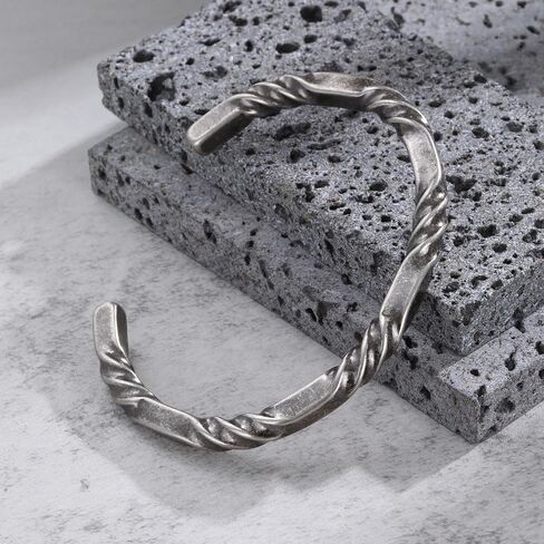 Stainless Steel Mens Cuff Bracelet, Minimal Twist Cool Antique Retro/Silver/Black Open Metal Cuff Bangle Bracelets for Men, 65mm in Kuwait