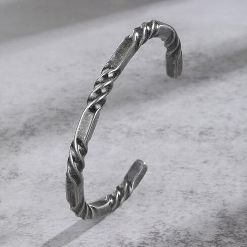 Stainless Steel Mens Cuff Bracelet, Minimal Twist Cool Antique Retro/Silver/Black Open Metal Cuff Bangle Bracelets for Men, 65mm in Kuwait