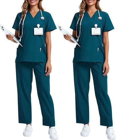 2 Pack Scrubs for Women Set Stretch V Neck Top and Cargo Pants Scrubs Set with 9 Pockets Medical Uniform Scrubs in Saudi Arabia