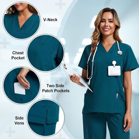 2 Pack Scrubs for Women Set Stretch V Neck Top and Cargo Pants Scrubs Set with 9 Pockets Medical Uniform Scrubs in Saudi Arabia