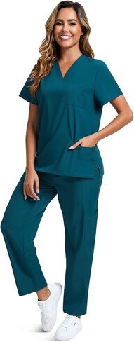 2 Pack Scrubs for Women Set Stretch V Neck Top and Cargo Pants Scrubs Set with 9 Pockets Medical Uniform Scrubs in Saudi Arabia