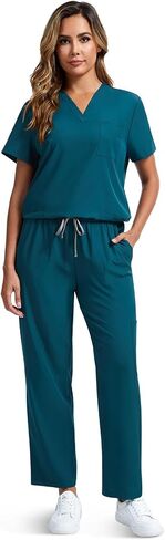 2 Pack Scrubs for Women Set Stretch V Neck Top and Cargo Pants Scrubs Set with 9 Pockets Medical Uniform Scrubs in Saudi Arabia