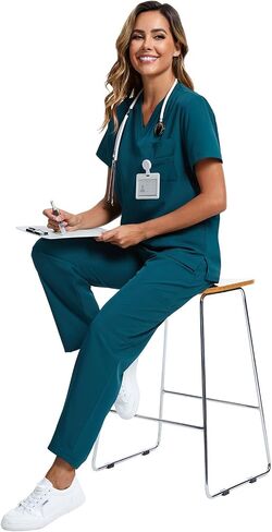 2 Pack Scrubs for Women Set Stretch V Neck Top and Cargo Pants Scrubs Set with 9 Pockets Medical Uniform Scrubs in Saudi Arabia