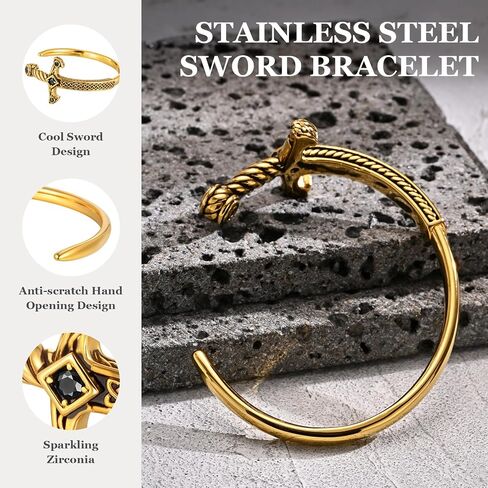 Stainless Steel Mens Cuff Bracelet, Cool Sword Silver/Black/Gold Viking Celtic Knot Cubic Zirconia Open Metal Cuff Bangle Bracelets Jewelry Gifts for Men, 62MM in Kuwait