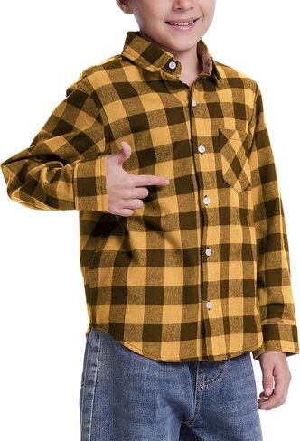 Flygo Boys Girls Long Sleeve Plaid Button Up Shirt Kids Casual Button Down Shirts Tops with Pockets in Kuwait