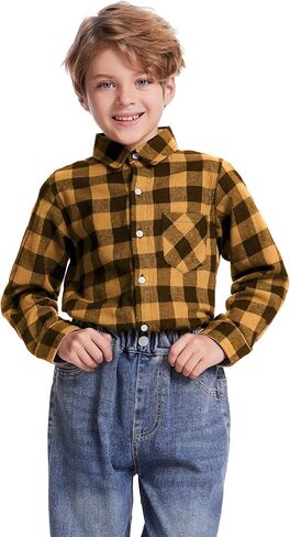 Flygo Boys Girls Long Sleeve Plaid Button Up Shirt Kids Casual Button Down Shirts Tops with Pockets in Kuwait