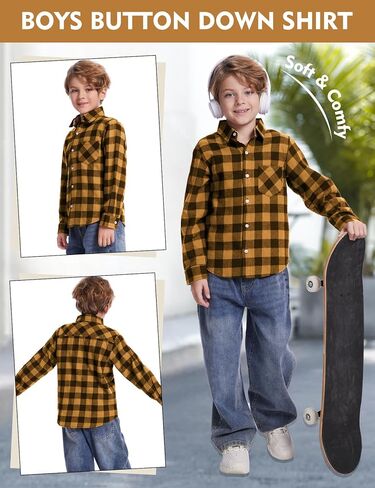 Flygo Boys Girls Long Sleeve Plaid Button Up Shirt Kids Casual Button Down Shirts Tops with Pockets in Kuwait