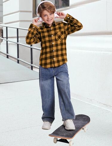 Flygo Boys Girls Long Sleeve Plaid Button Up Shirt Kids Casual Button Down Shirts Tops with Pockets in Kuwait