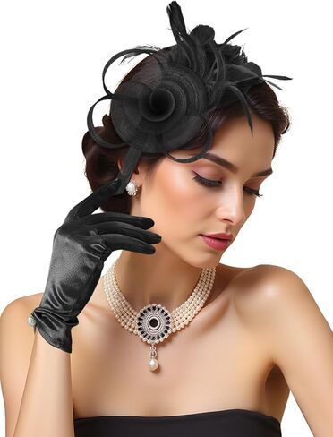 2Pcs 50s Fascinators Hats for Women Wedding Cocktail Flower Mesh Ribbons Feathers Church Tea Party Hats and Lace Glove in Kuwait