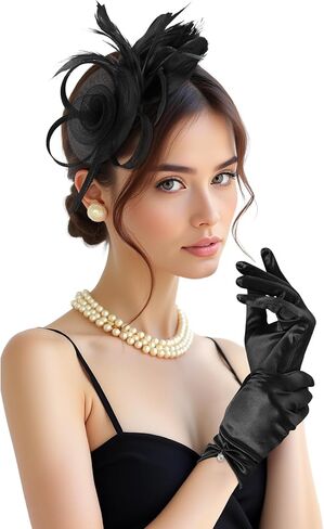 2Pcs 50s Fascinators Hats for Women Wedding Cocktail Flower Mesh Ribbons Feathers Church Tea Party Hats and Lace Glove in Kuwait